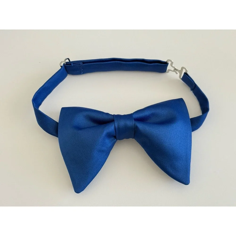 Handmade Royal Blue Satin Bow tie‎ Vintage style 70`s Bowtie Pretied Formal Prom
